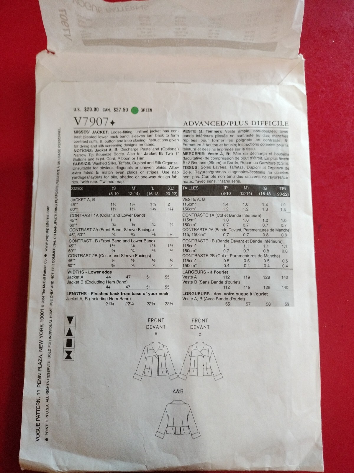 Vogue Advanced Plus V7907 Pattern - Loose-fitting Jacket Misses S-M Cut