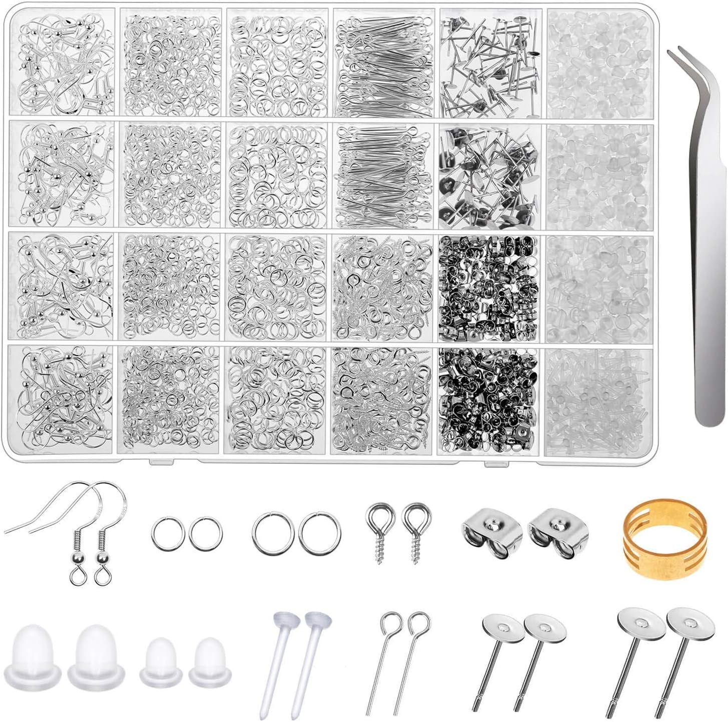 Thrilez 3080Pcs Earring Supplies Kit - Includes Hooks, Backs, Rings, Pins, Posts