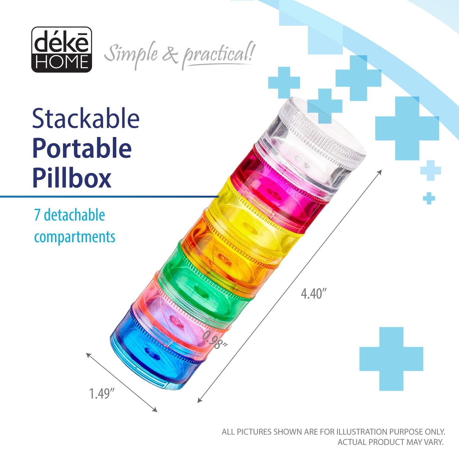 Pill Organizer 2 Pack 7 Day Rainbow Colored Stackable Twist Lock BPA-Free