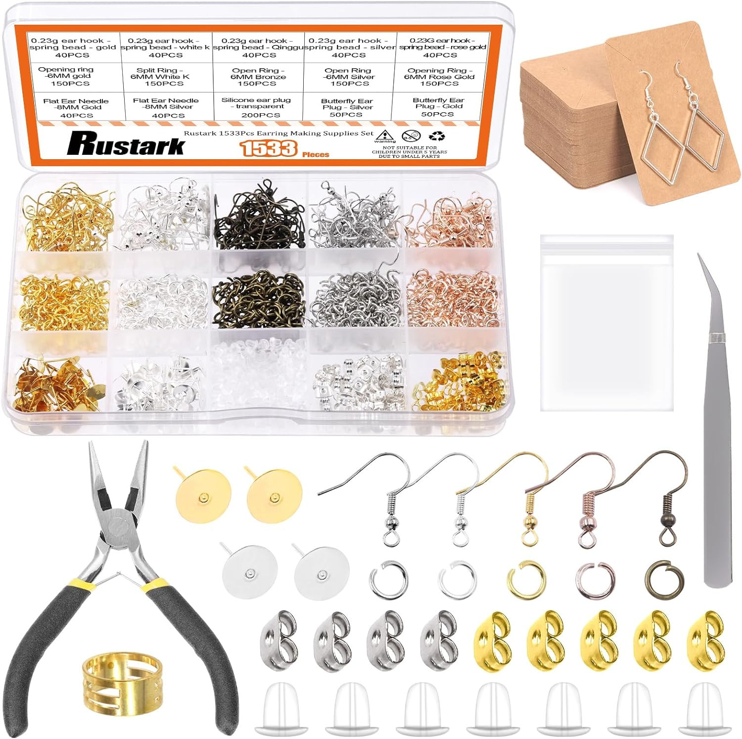 Rustark 1533Pcs Hypoallergenic Earring Making Supplies Kit with Earring Hook