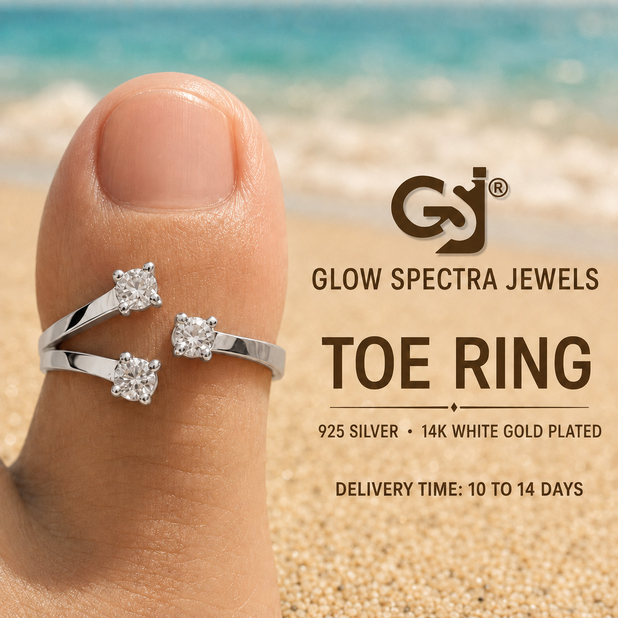 3 Round Simulated Diamond Adjustable Toe Ring 14k White Gold Plated