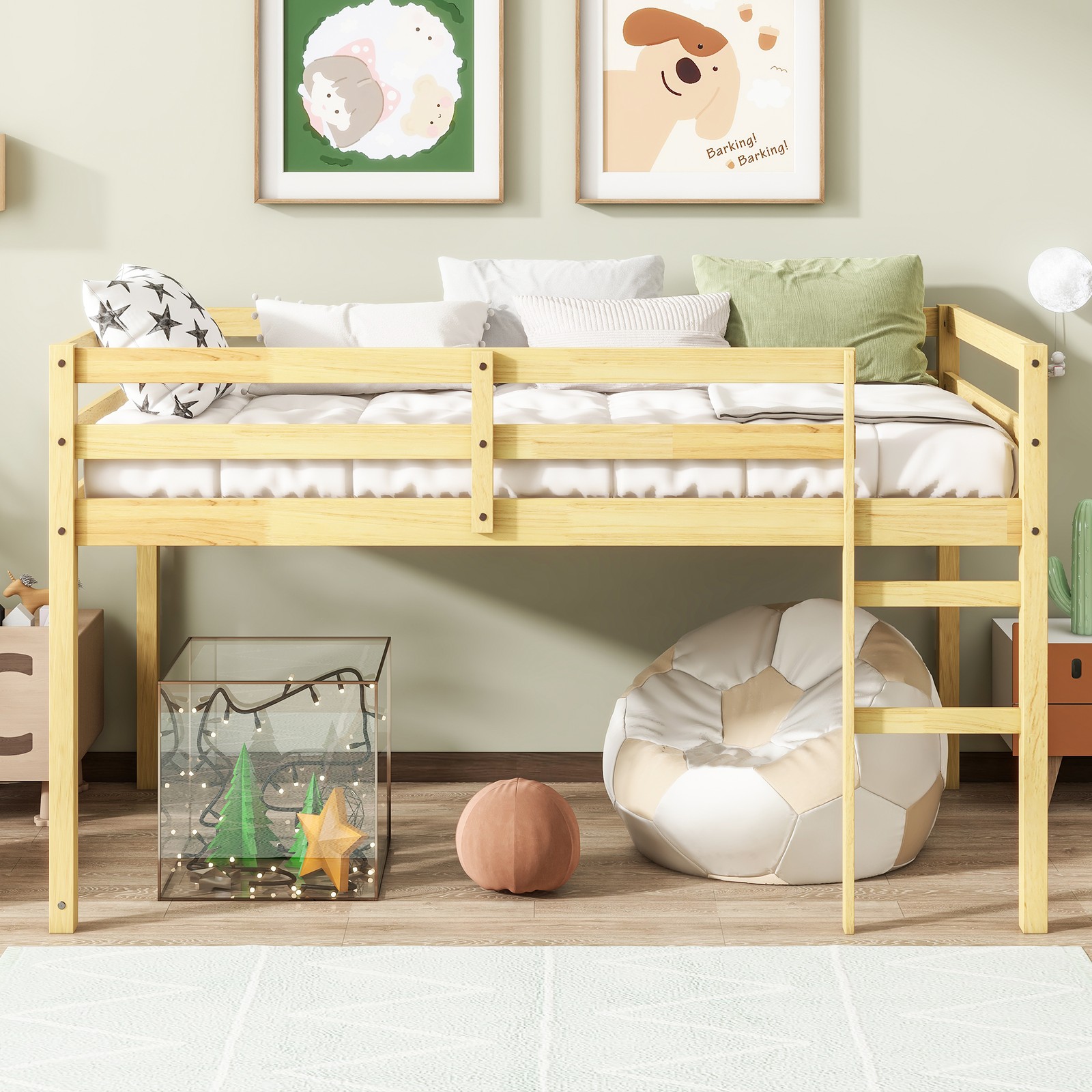 Twin Loft Bed with Ladder, Rubberwood, Low Height, Strengthened Slats