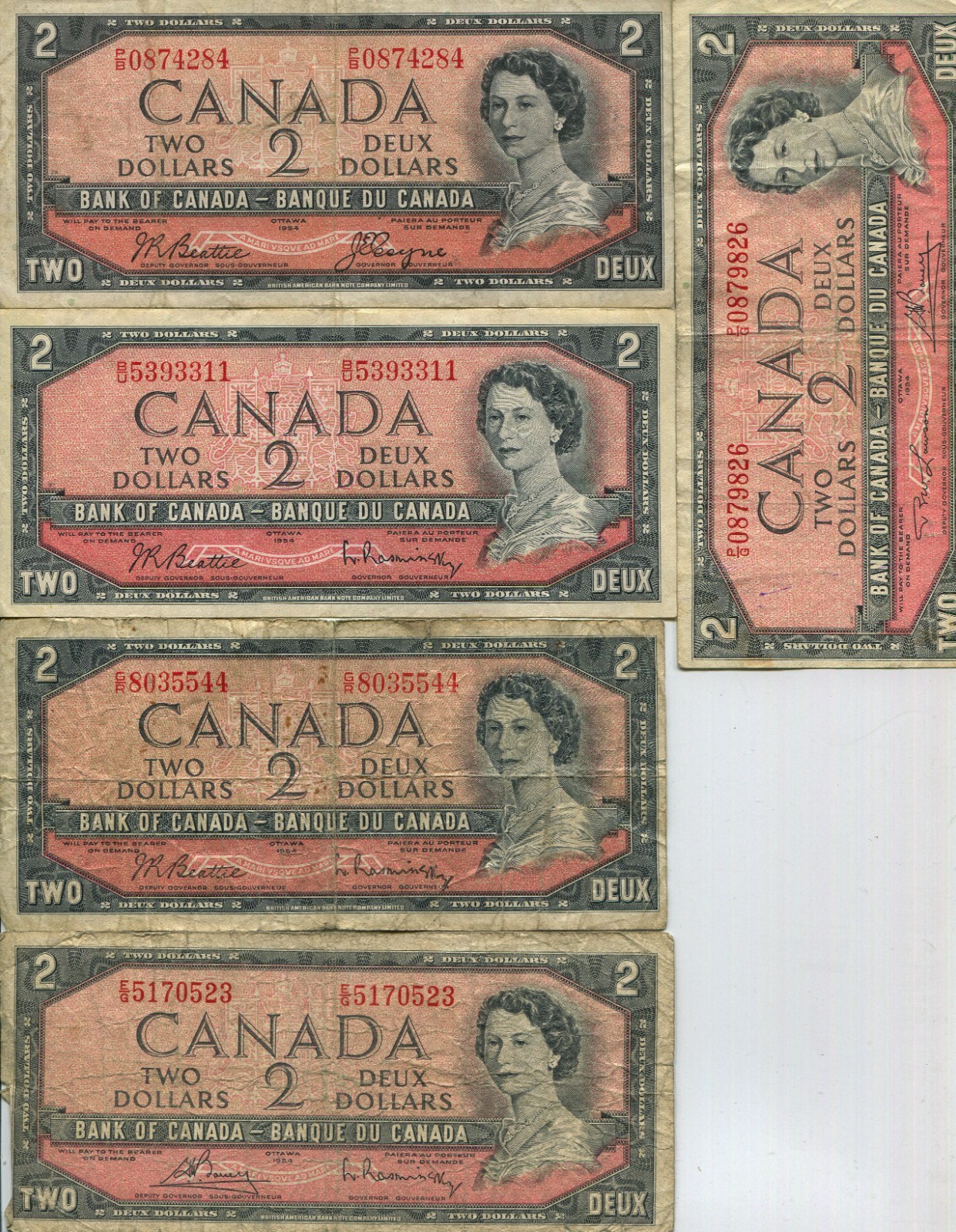 (5) 1954 Bank of Canada $2 Two Dollar Note SM378