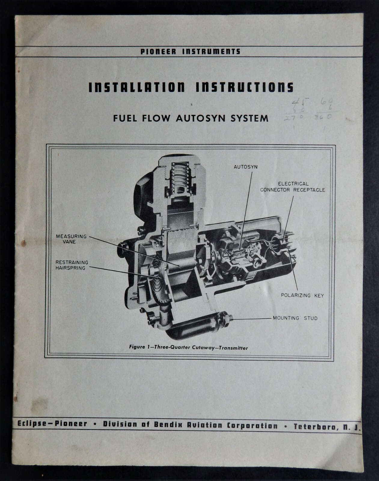 Fuel Flow Autosyn System Instruction manual aircraft instrument Pioneer Bendix