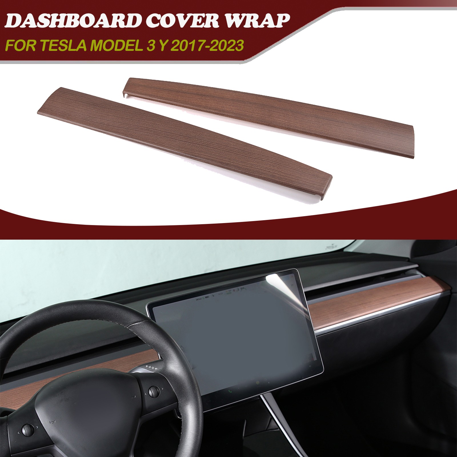 Peach Wood Grain Dashboard Strip Panel Cover Trim For 2017-2023 Tesla Model 3/Y