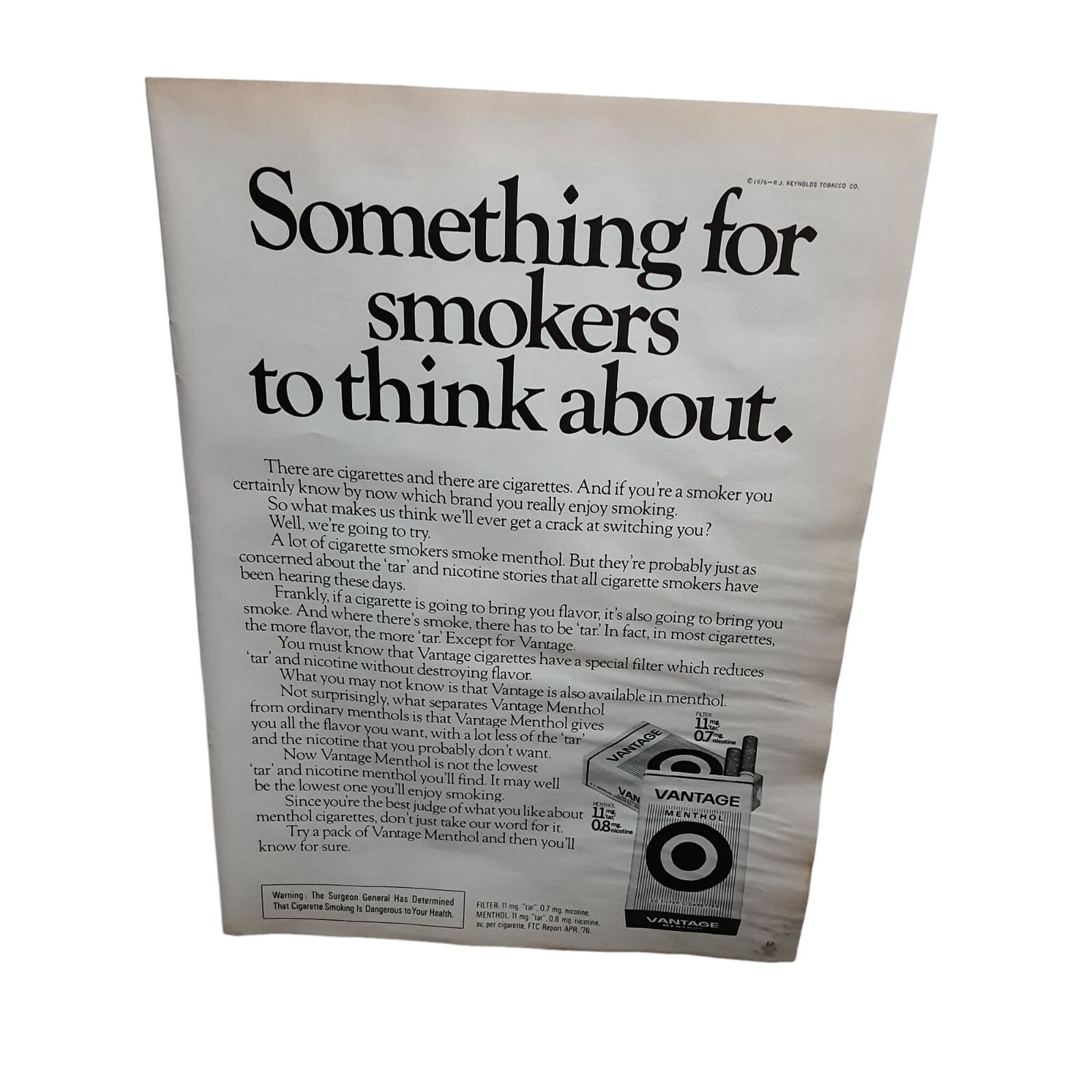 1976 Vantage Cigarettes Original Ad Vintage