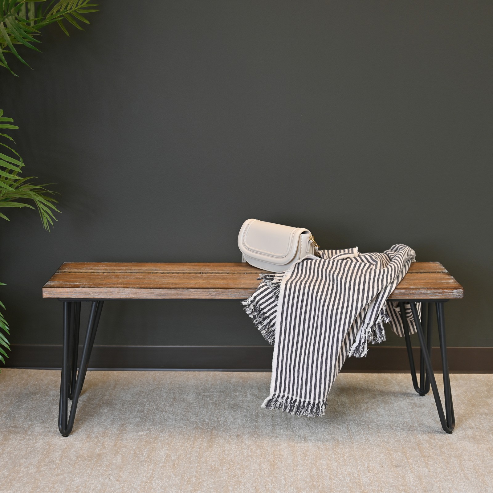 Industrial Wood Dining Bench, Rustic Dark Pine Finish, Table Bench with Legs
