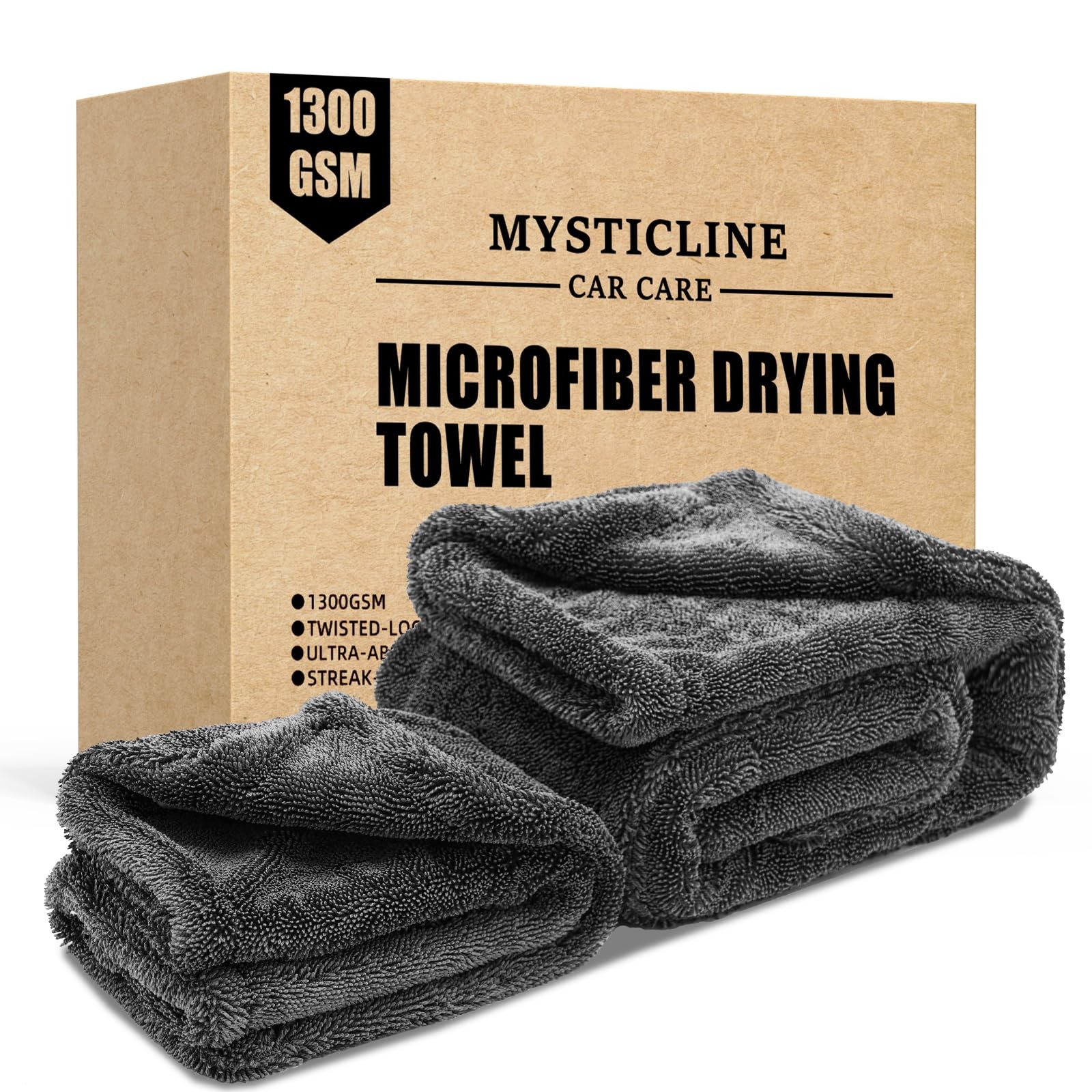 Mysticline 2 Pack 1300 GSM Car Drying Towel,Double-Sided 1 pc 24, Grey