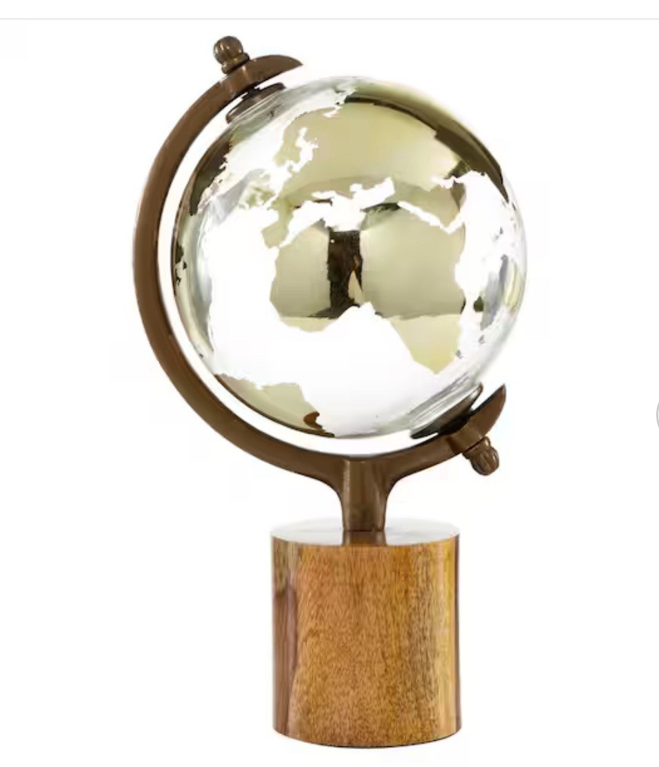 15 in. Gold Wood Decorative Globe with Brown Base