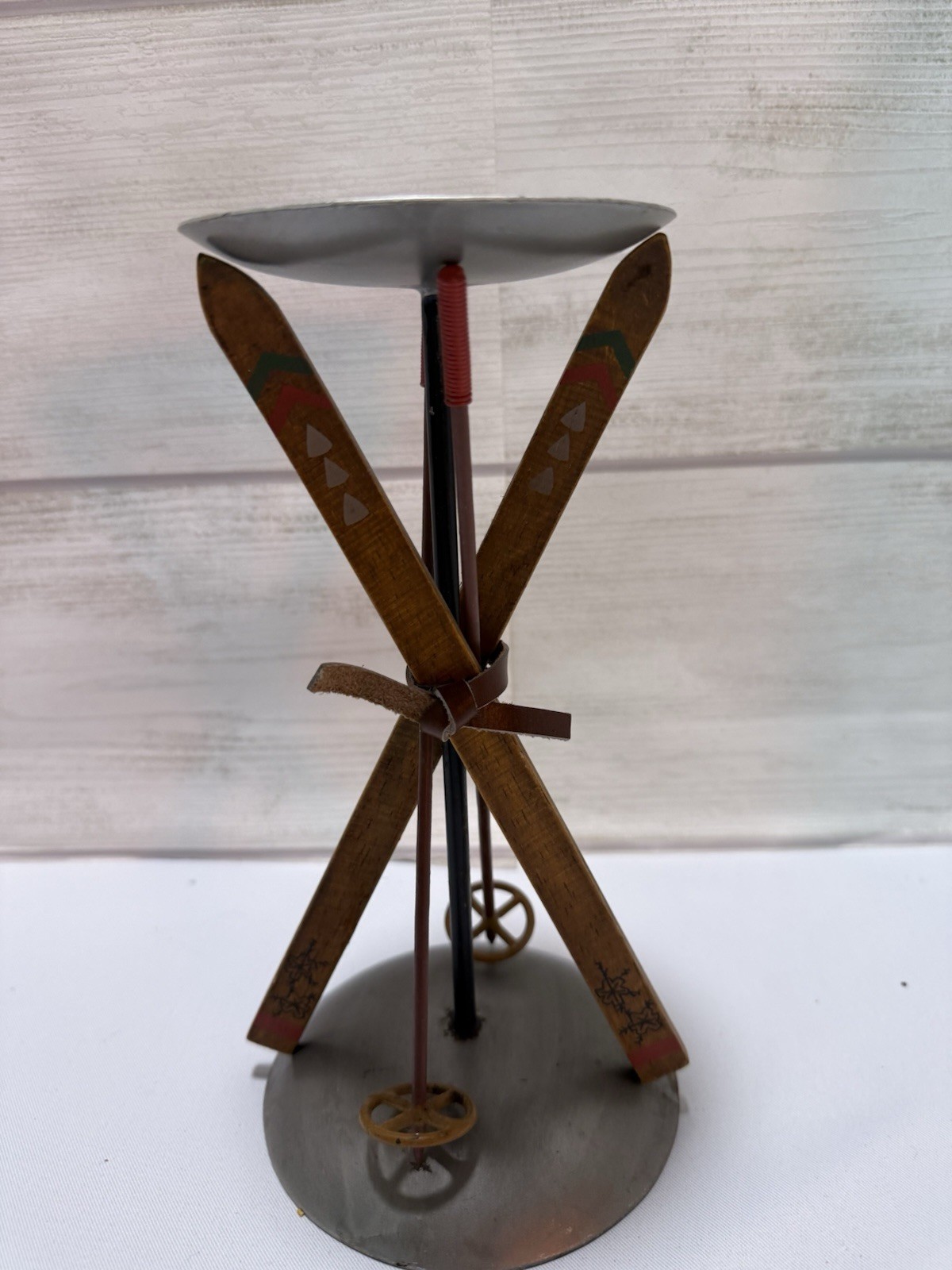 Wood Metal  Skiis & Poles Candle Holder Cabin Lodge Snow Cannon Falls