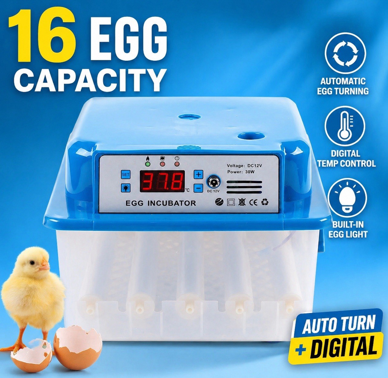 16 Egg Incubator Automatic Turner Digital Temp Control Chicken Duck Quail
