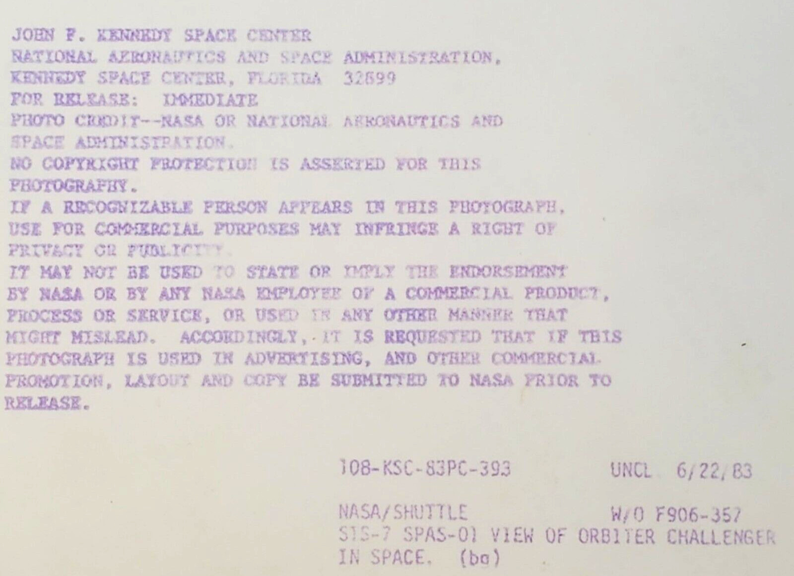 Original NASA Shuttle Photo of Orbiter Challenger in Space June 6, 1983