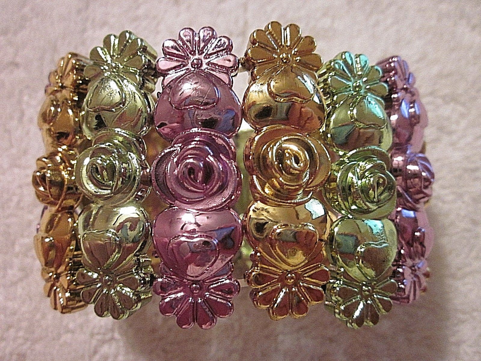 TWO (2) CUTE PURPLE-GREEN-GOLD "ROSES - HEARTS - DAISIES" STRETCHABLE BRACELETS