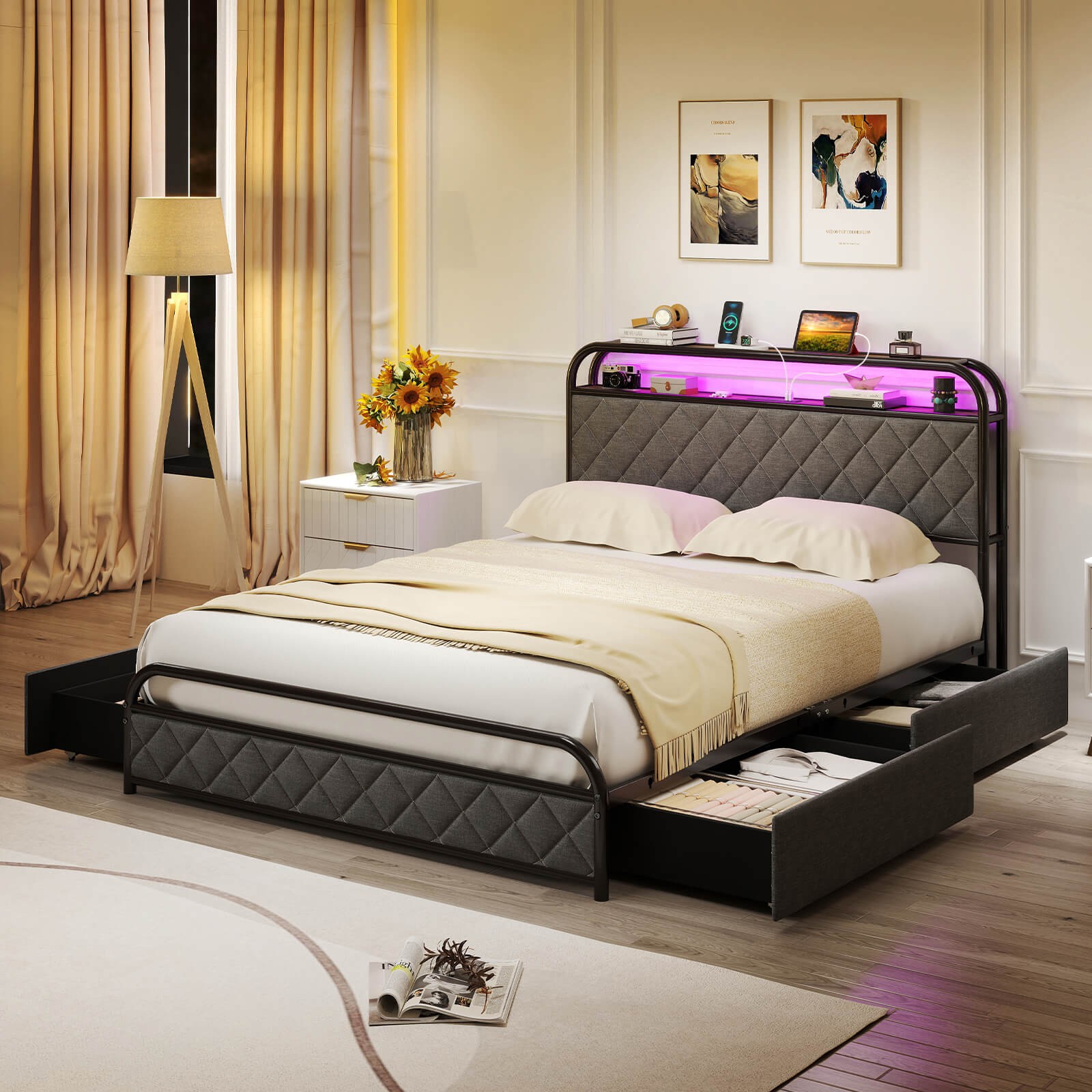 Full Size Bed Frame with LED Lights & Charging Station Storage Headboard