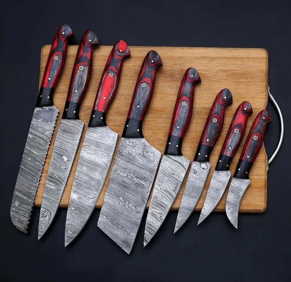 Handmade Damascus Steel Chef Knife Set of 8Pcs with Pakka wood handle