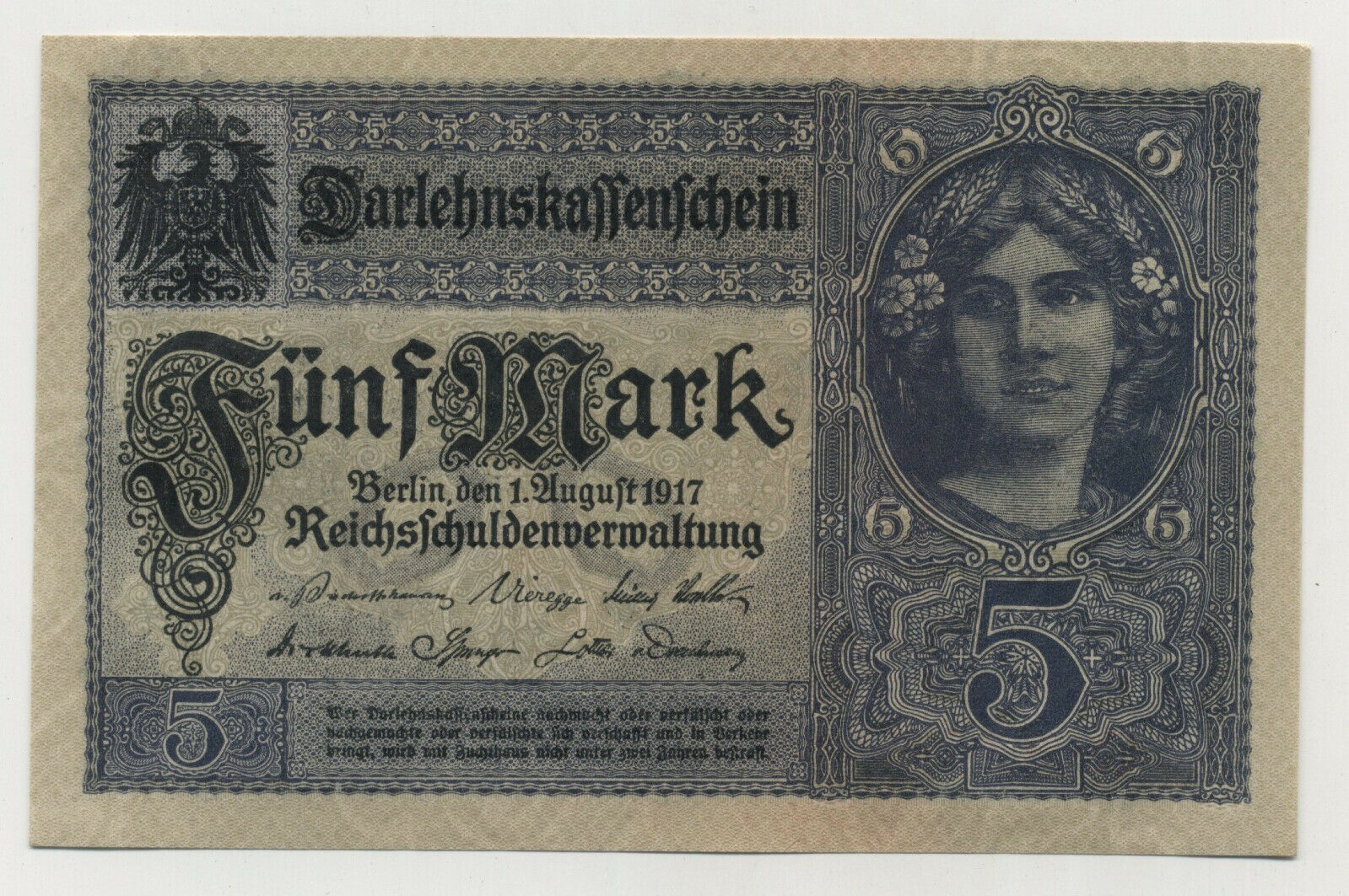 Germany 5 Mark 1-8-1917 Pick 56.b UNC Uncirculated Banknote
