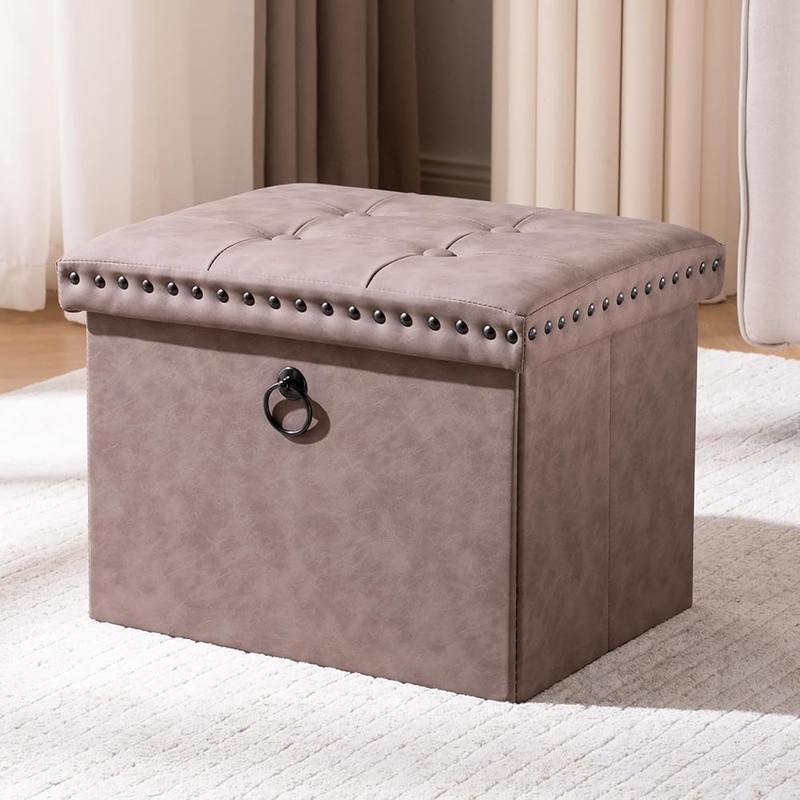 Folding Storage Ottoman Faux Leather Foot Rest Stool W/ Button Tufted Design New