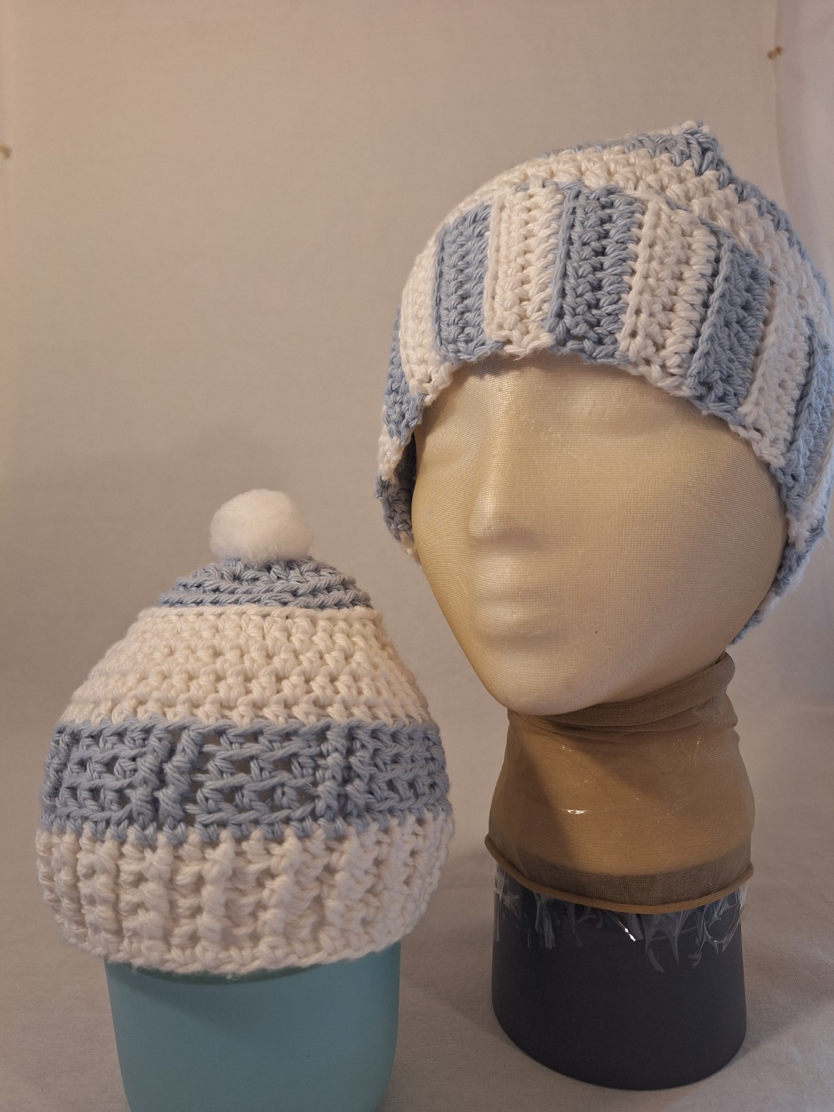 Handmade Crochet Hat Set Mommy & Me Adult Infant Matching Light Blue White Cotto