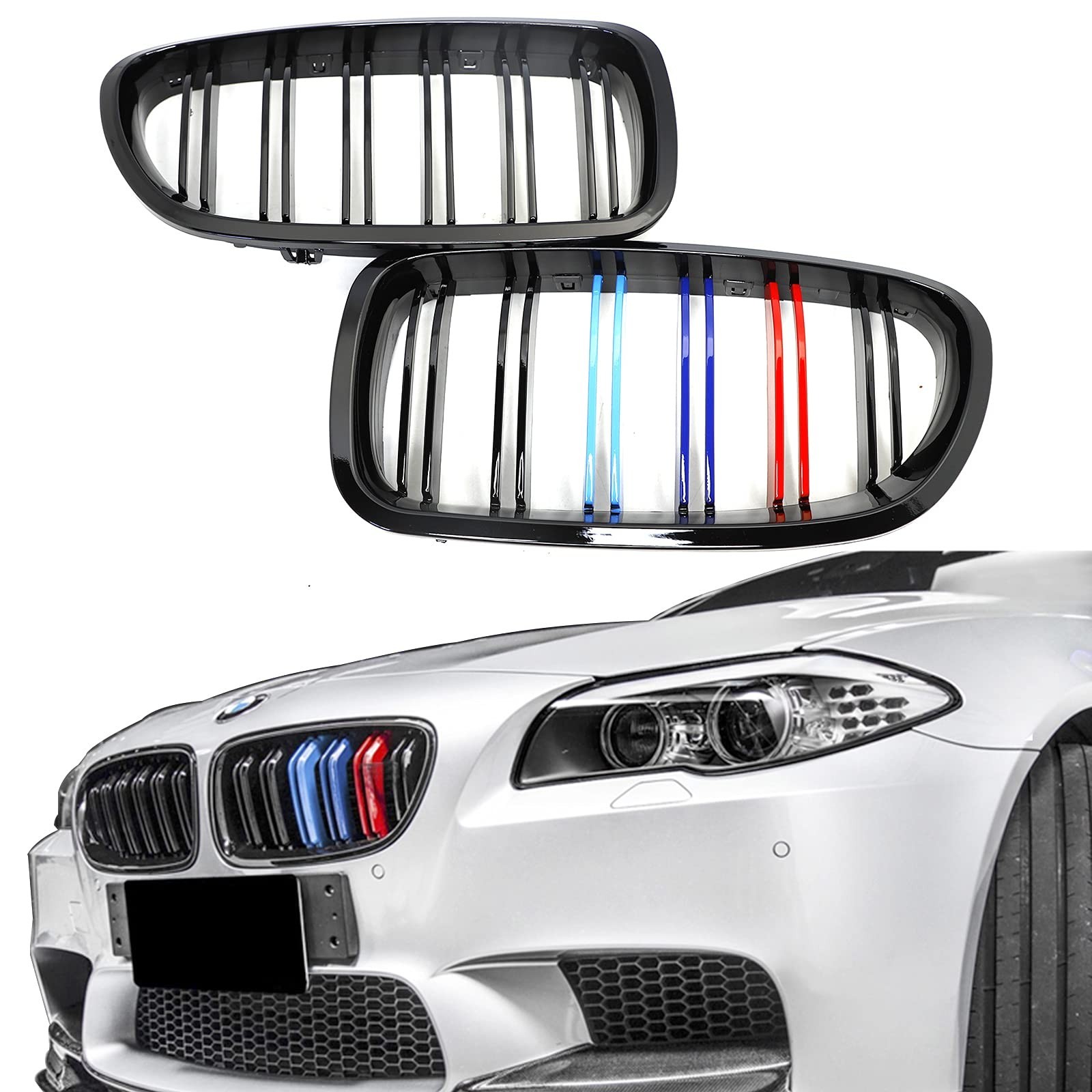 Front Kidney Grille TriColor Gloss Black Grill for 2010-2017 BMW 5 Serie F10 ...