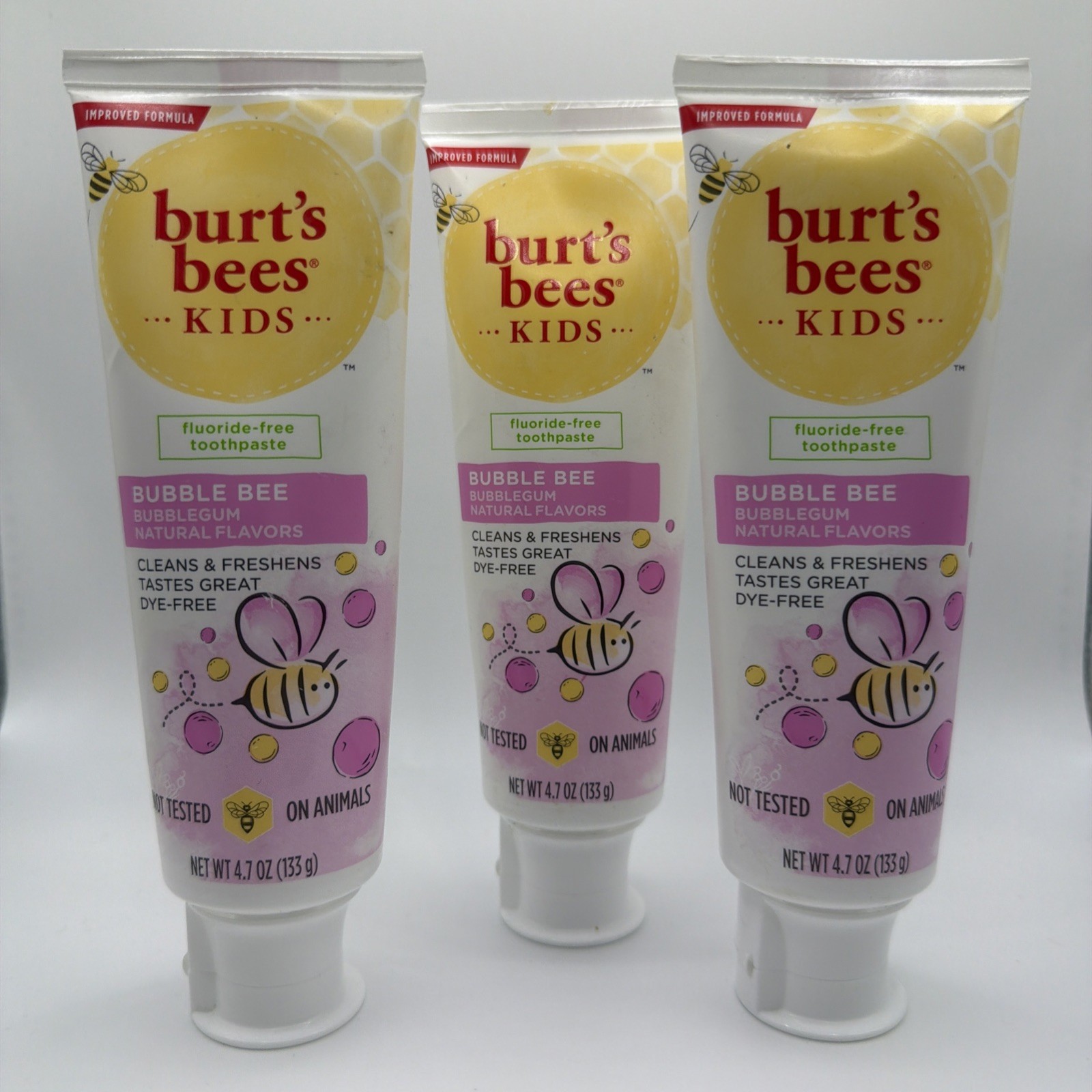 Burt's Bees Kids’ Toothpaste Lot of 3 Bubble Bee Flavor 4.7 oz Fluoride-Free