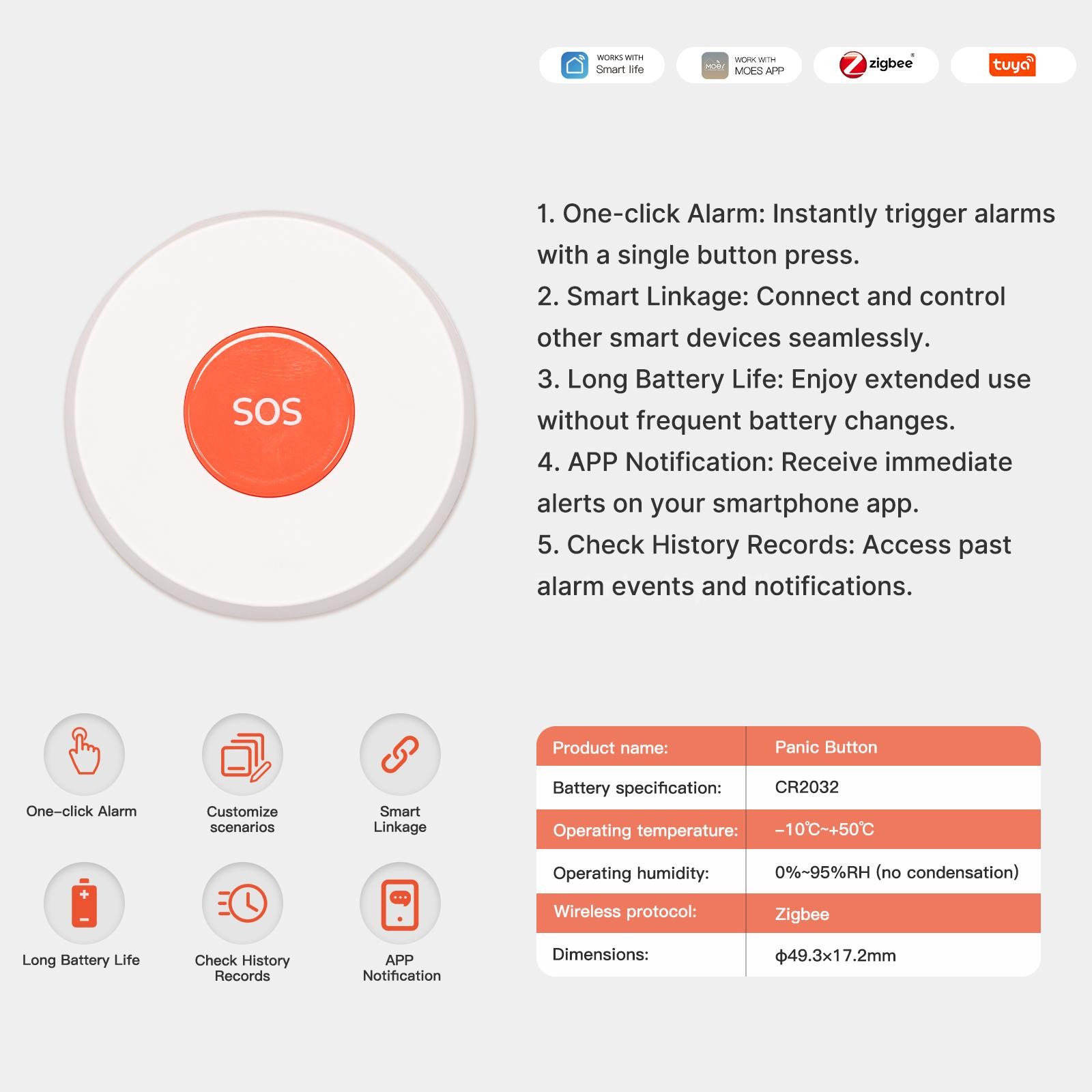 Tuya Zigbee Wireless APP Remote Control Call SOS Emergency Button Alert System B