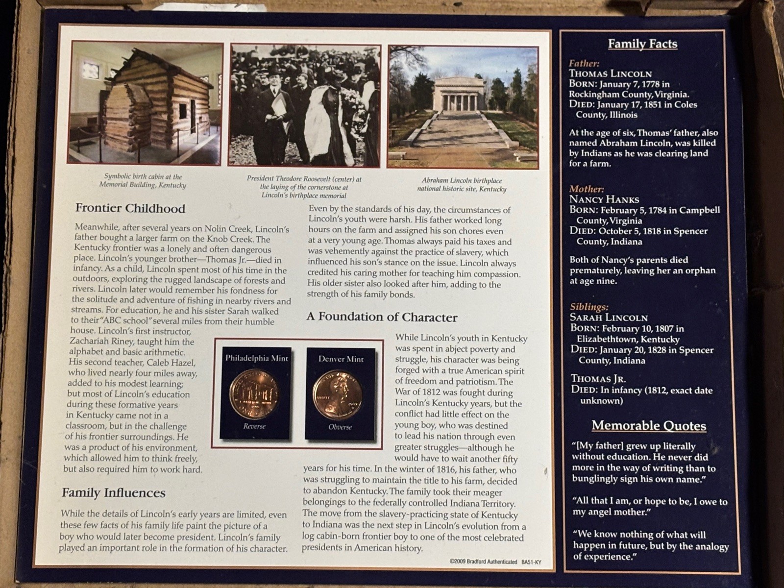 2009 Lincoln Cent | Copper Cent | Bradford Authenticated Panel 2
