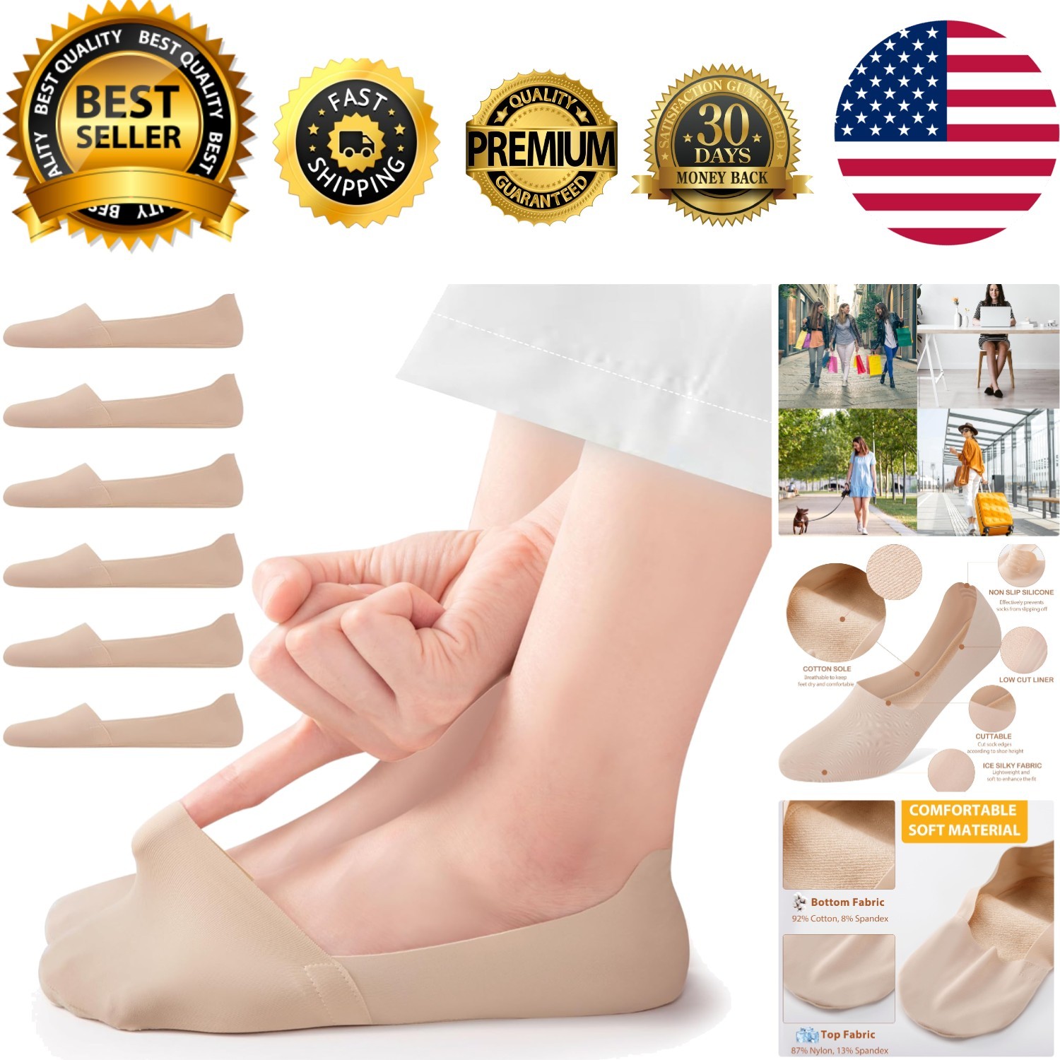 No Show Socks Women: 6 Pairs Silky Low Cut Socks for Flats Loafers