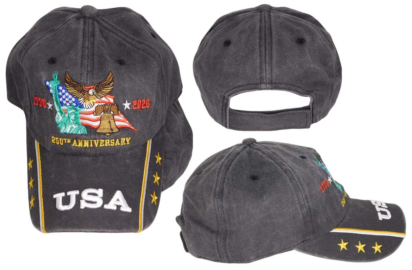 USA 1776-2026 250th Anniversary Stars Grey Gray Cotton Embroidered Cap Hat