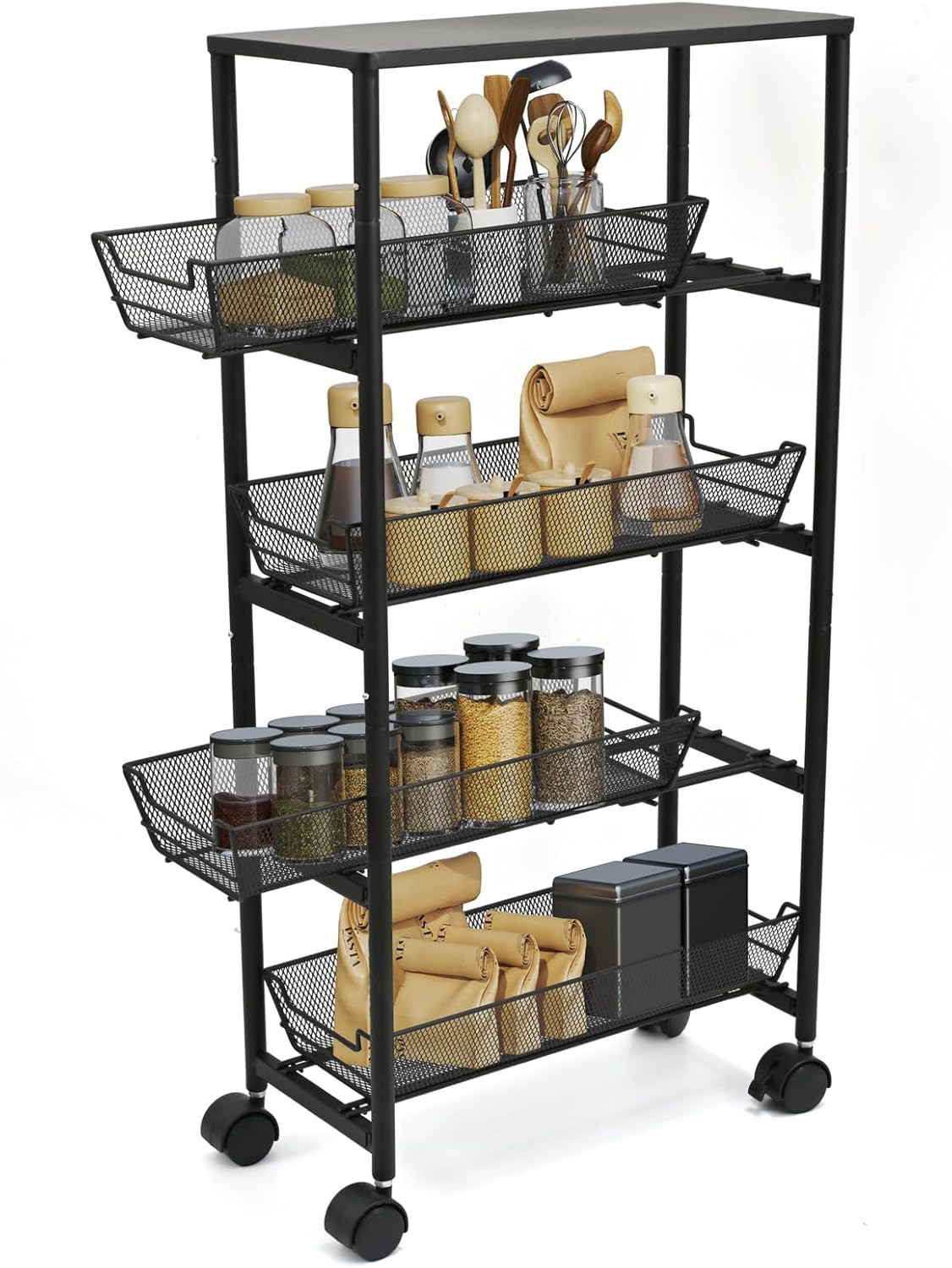 5-Tier Slim Storage Cart with Wheels, Rolling Utility Cart with 4 Pull-Out Mesh