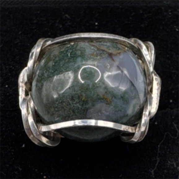 Vintage Handcrafted Silver Wire Wrapped Green Agate Cabochon Ring Size 8