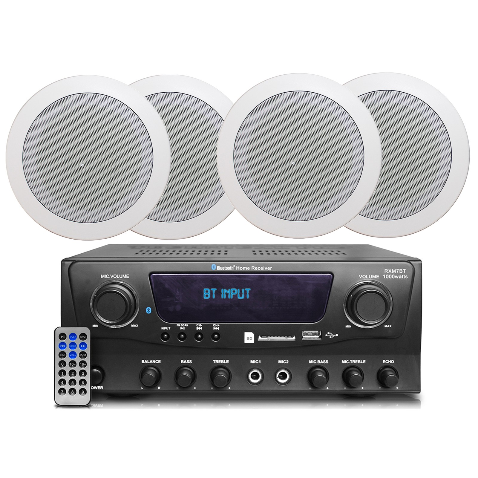 1000W Bluetooth Home Amplifier Receiver USB SD w/ 4 qty x 6.5" Ceiling Speakers