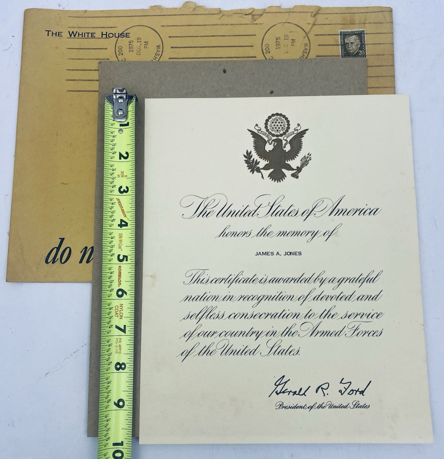 Certificate of Appreciation President Gerald Ford Military Service White House