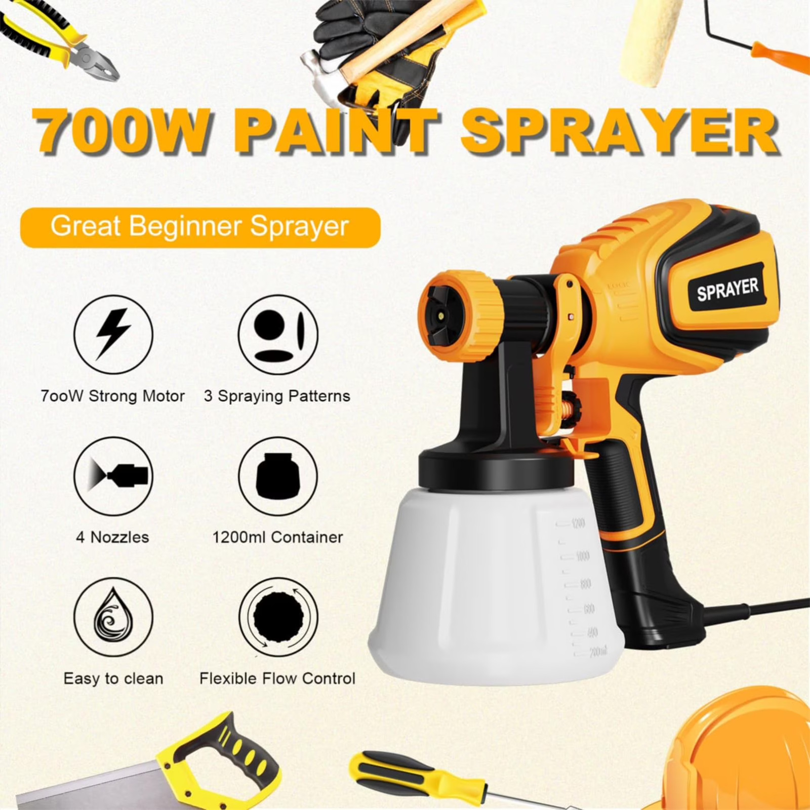 HVLP Paint Sprayer VF803, 700W, 4 Nozzles, 1200ml, Yellow/Black, Easy to Clean