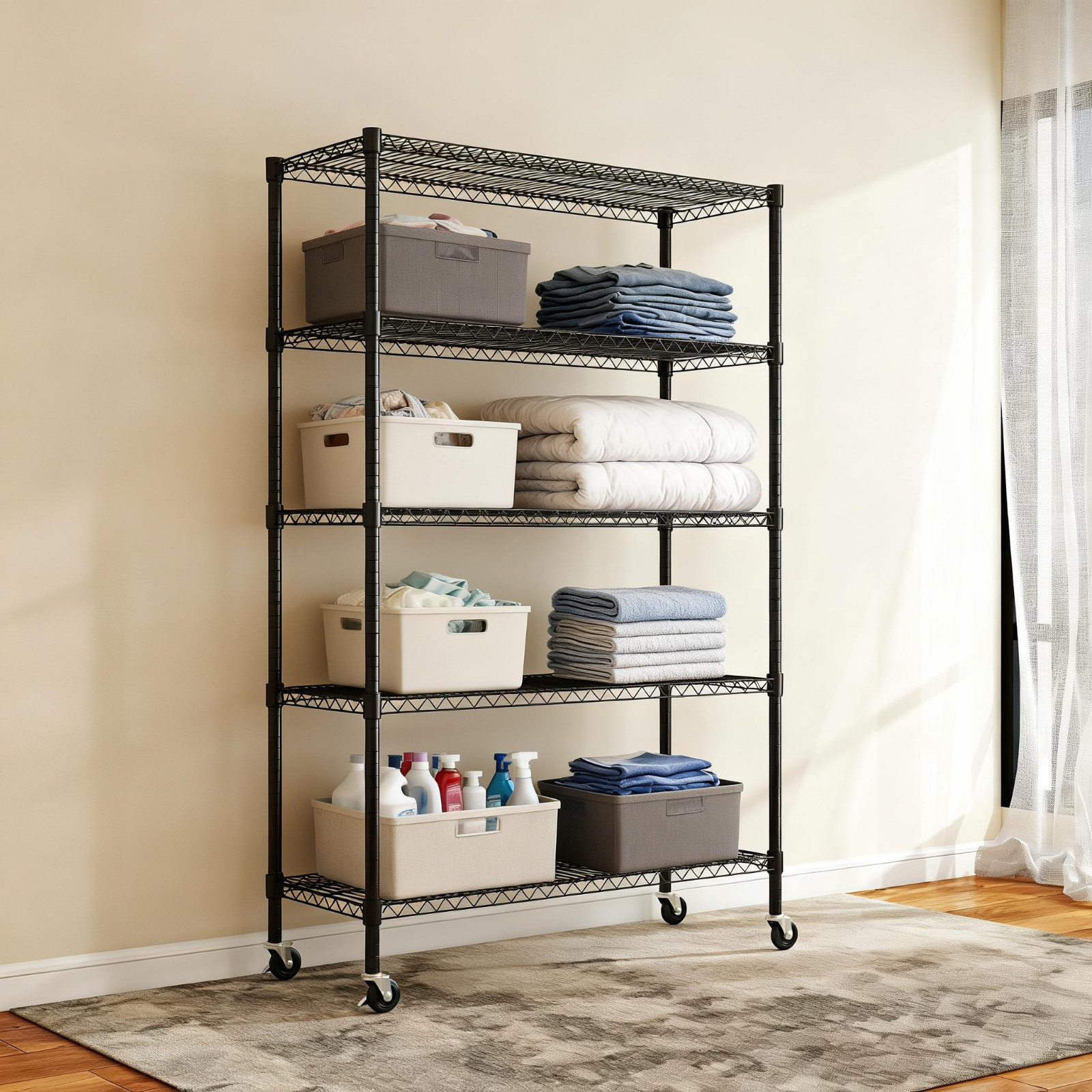 5-Tier Heavy Duty Wire Shelving Unit 1750lbs Adjustable Storage Rack with Wheels