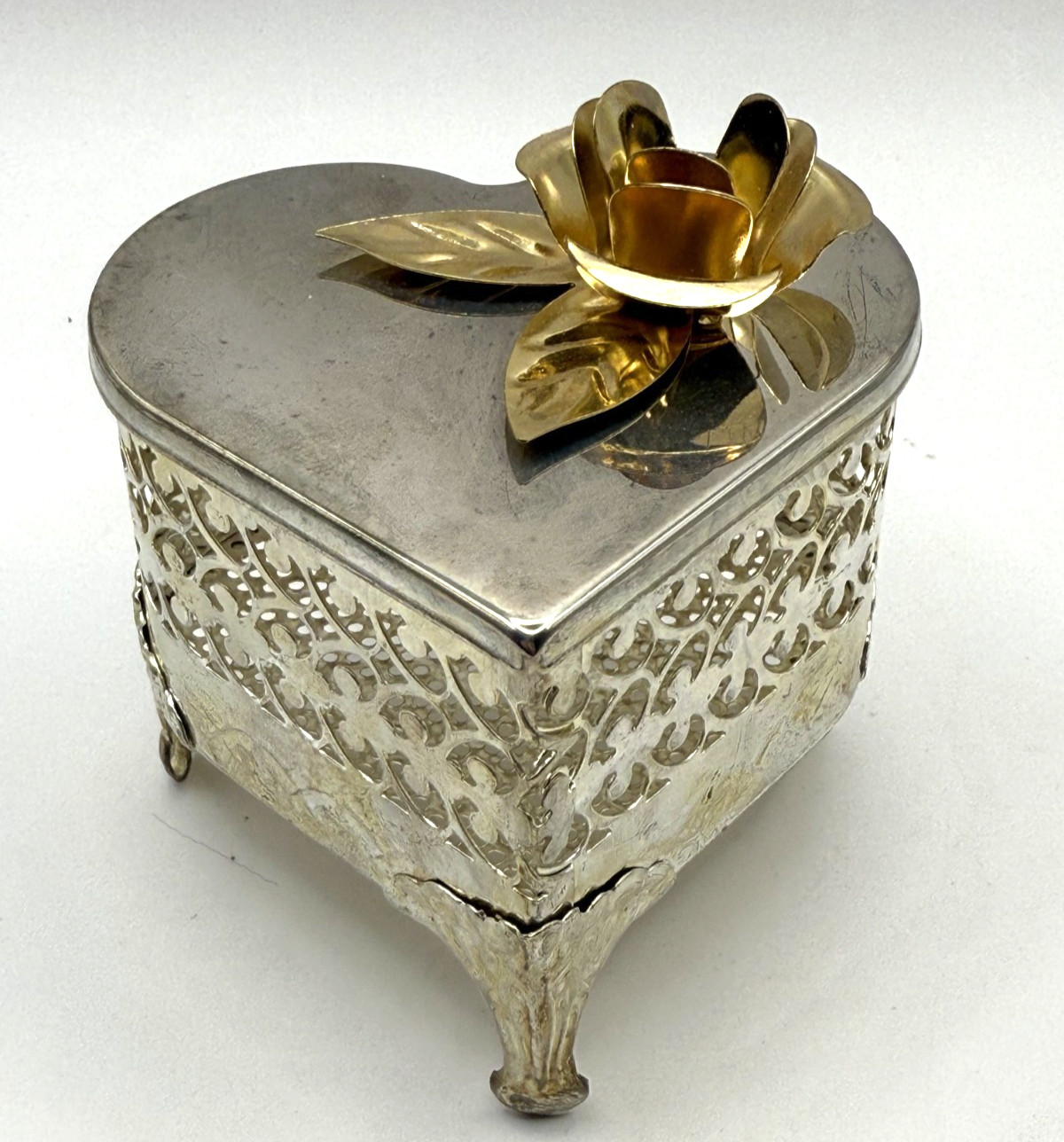 Heart Shaped Trinket Box Gold Toned Metal