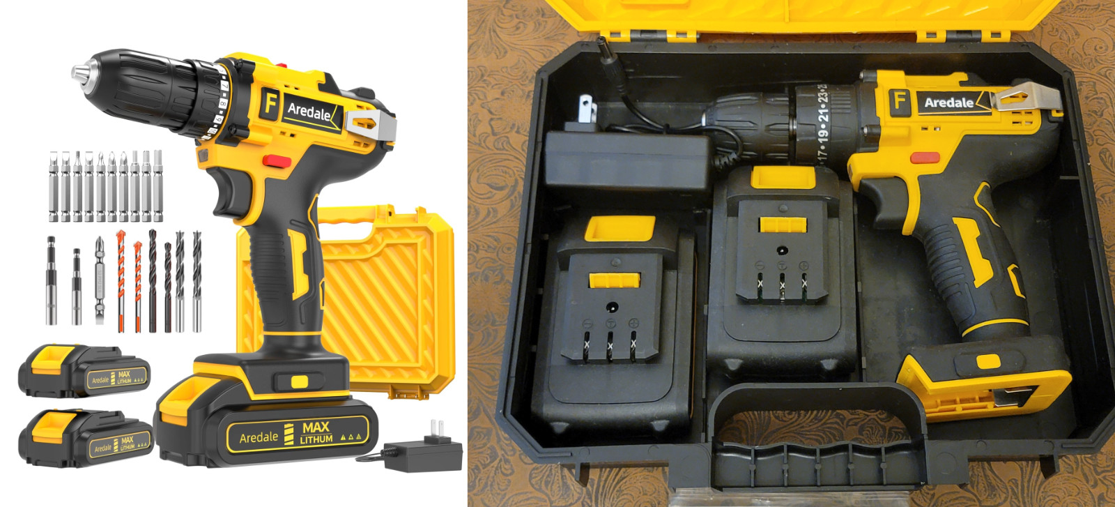 21V Lithium-ion Cordless Drill Set, 3/8-Inch Power Drill with Two Lithium-Ion ഝ