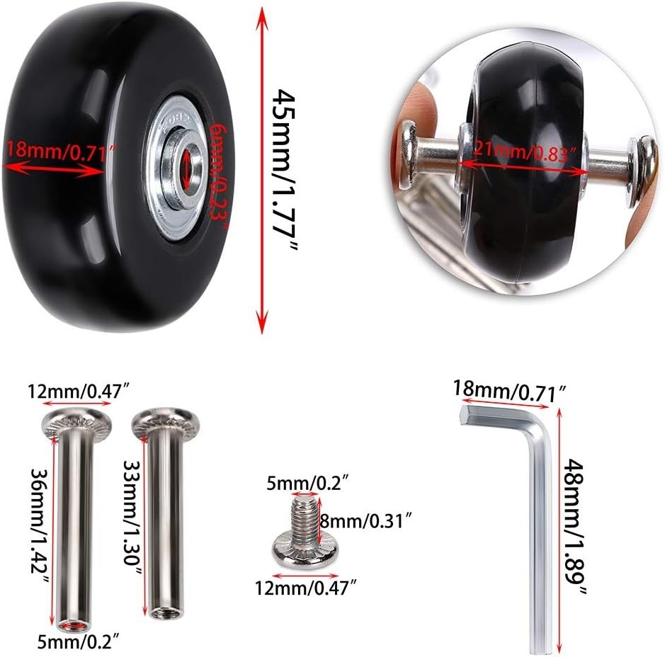 45mm x 18mm Luggage Suitcase Replacement Wheels, Rubber Swivel Caster Wheels ...