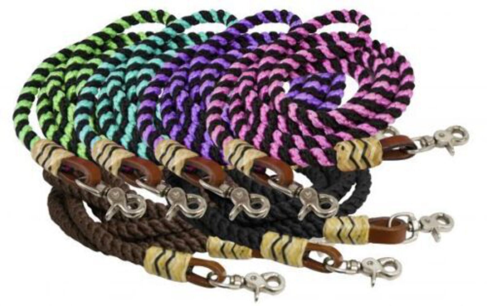 8' foot ROLLED BRAIDED NYLON BARREL REINS w/ Scissor snap ends Rawhide 6 COLORS!