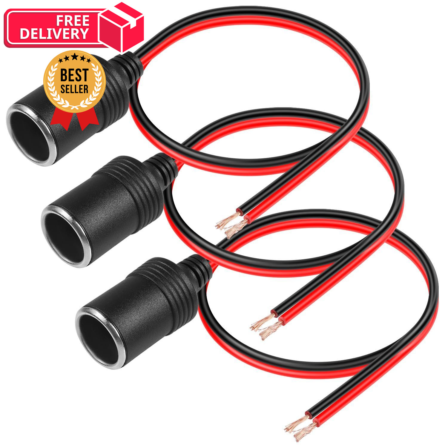 HATMINI 3 Pcs 18AWG Female Car Cigarette Lighter Socket with Bare Wire Open...