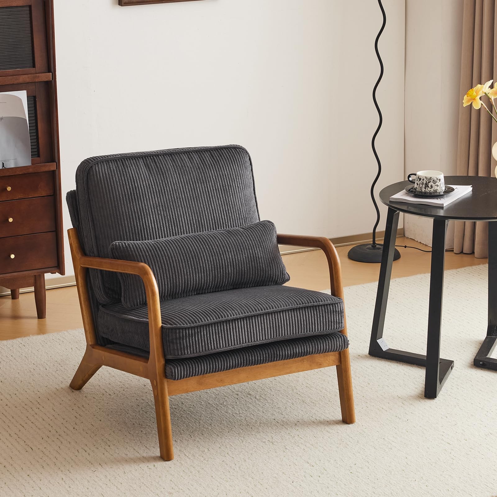 Modern Lounge Chair with Pillow, 330lbs Capacity Solid Wood Armchair for Bedroom
