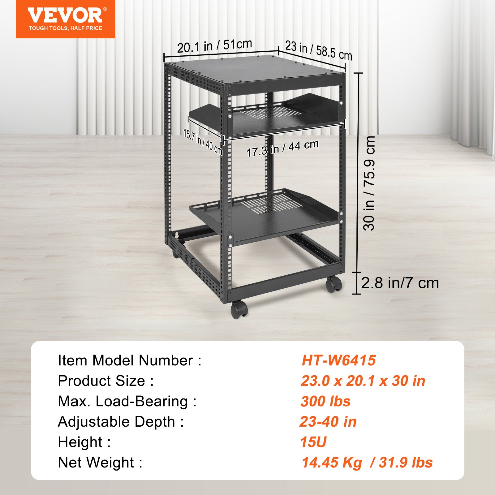 VEVOR 15U 4 Post Open Frame Server Rack Network Enclosure 23-40 in Adjustable