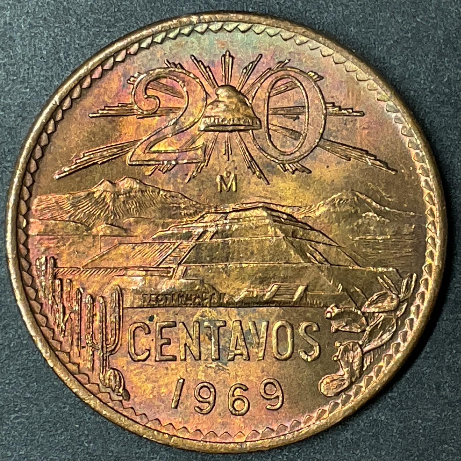 Mexico 1969 20 centavos KM# 440 ch BU red w/colorful patina Pyramid of the sun