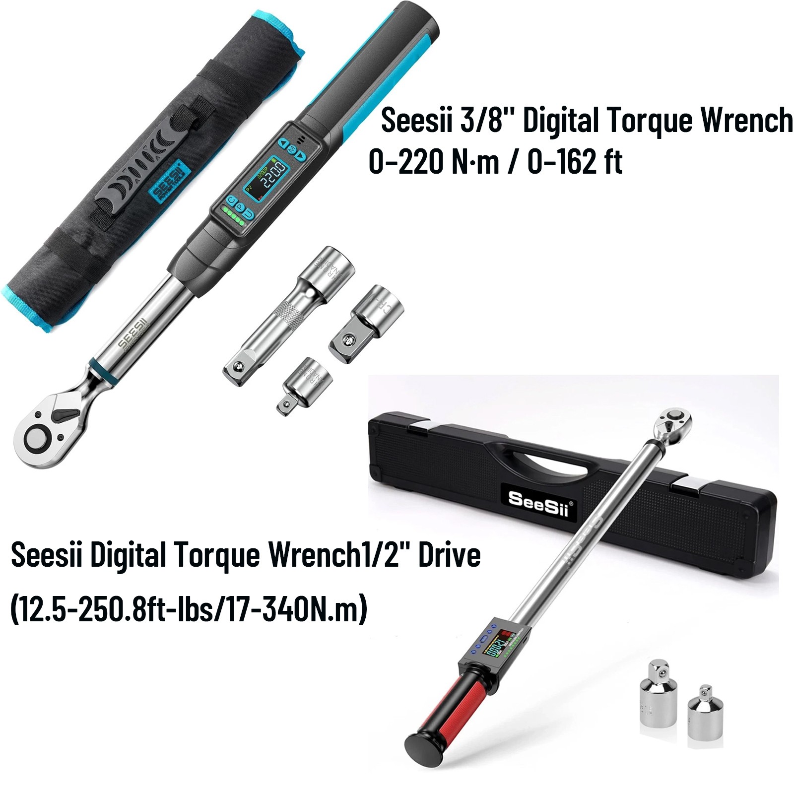 Seesii 1/2" 3/8'' Digital Torque Wrench,0–220 Nm/17-340Nm Torque ±2% Accuracy