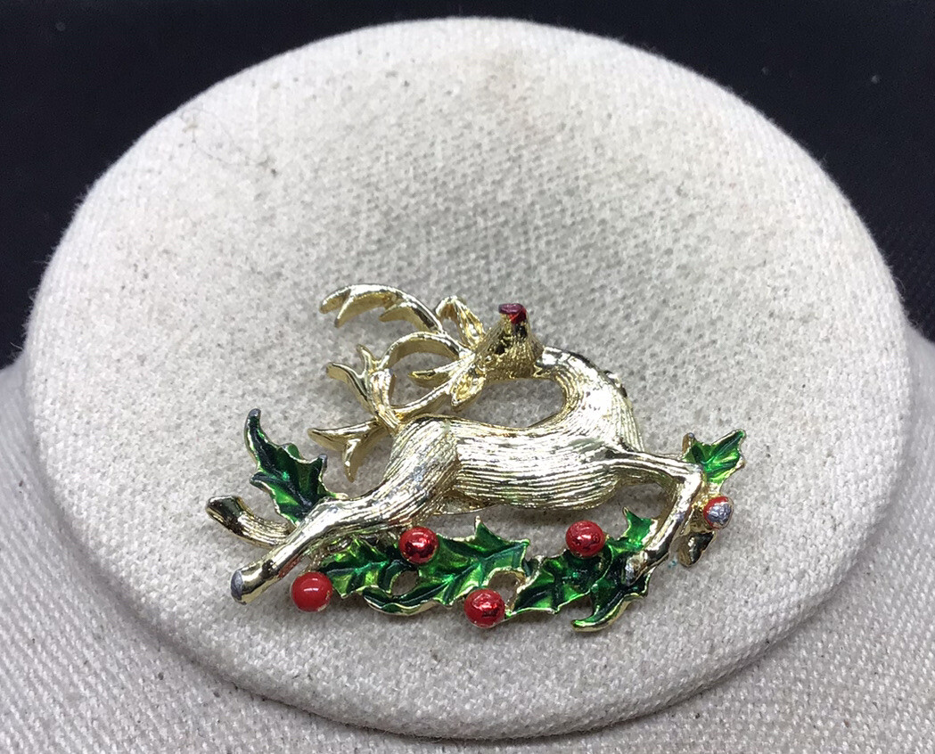 Vintage Gerrys Christmas Holiday Costume Gold Tone Reindeer Pin A249
