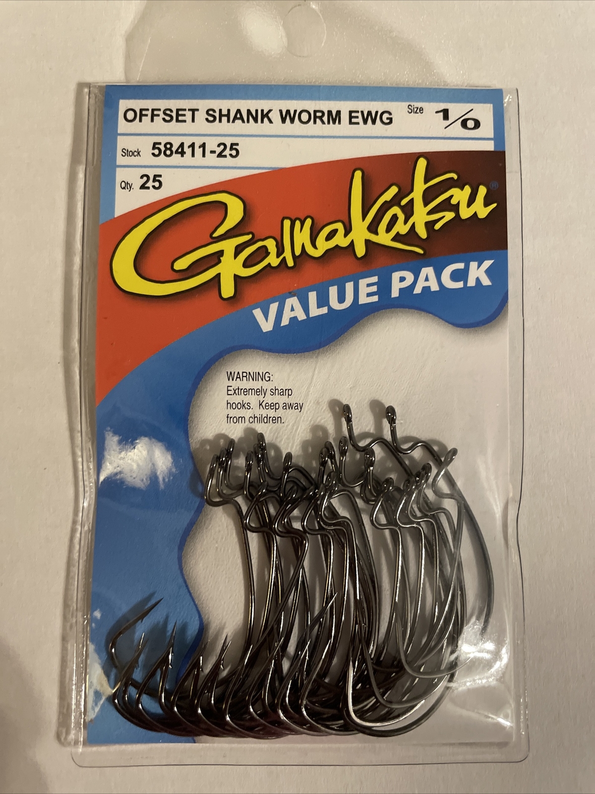 Gamakatsu 1/0 offset shank worm EWG Qty 25-Value Pack hook 58411-25