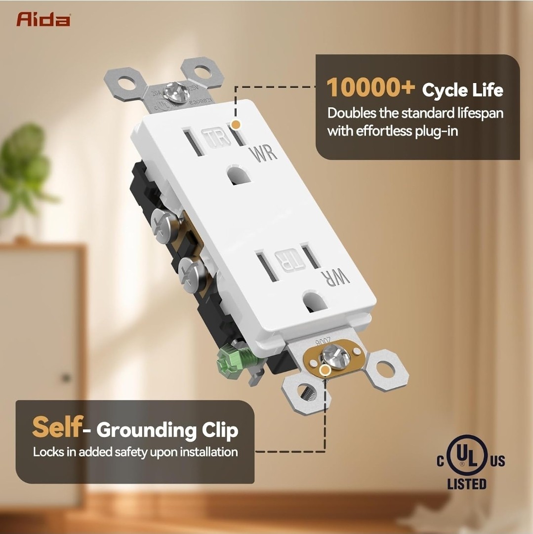 (10 PACK) Aida 15Amp Residential Duplex Receptacle, Tamper & Weather Resistant