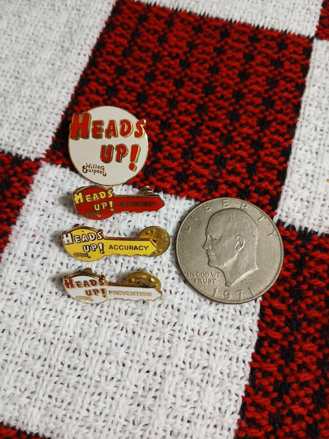 Lot Of 4 Vintage Millers Outpost Heads Up! Pin Awareness, Accuracy Prevention
