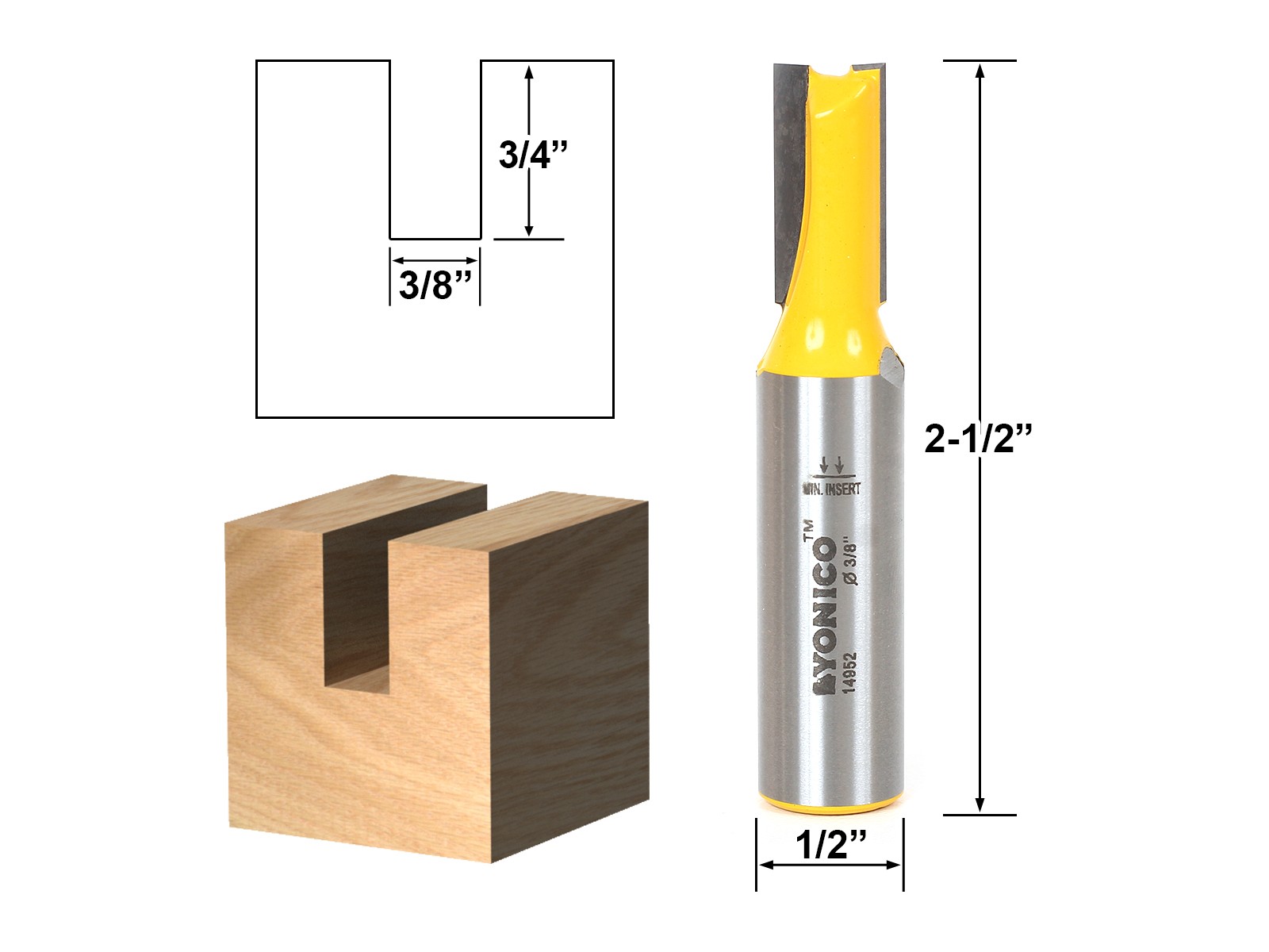 3/8" Diameter X 3/4" Height Straight Router Bit - 1/2" Shank - Yonico 14952