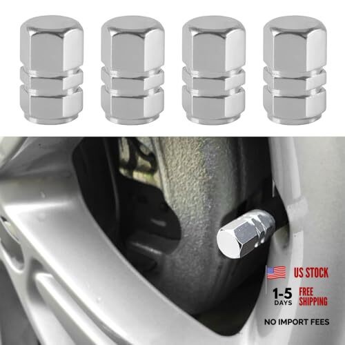 4PCS Car Tire Stem Valve Caps, Auto Hexagon Shape Dustproof Tire Cap Silver