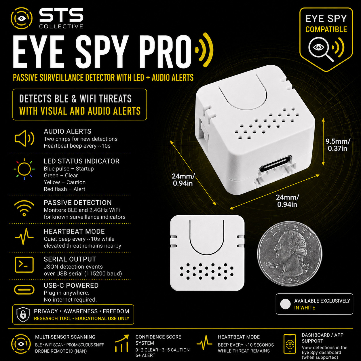 Eye Spy Pro Passive Surveillance Detector with LED + Audio Alerts BLE, WiFi, ALP